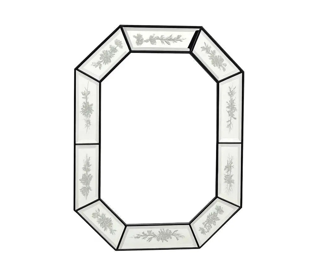 Octagonal Etched Mirror Elegant vintage octiagonal mirror featuring detailed floral etching on beveled glass panels. Approx. 25" x 29"